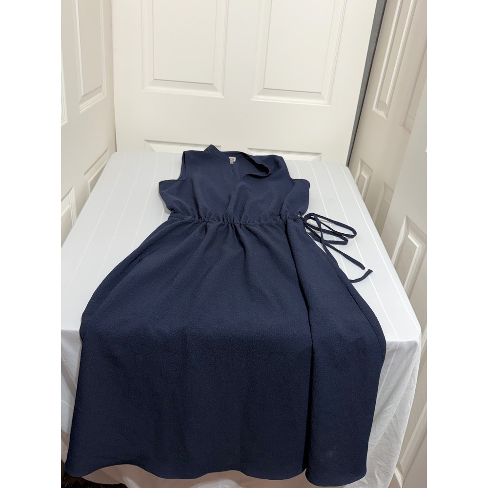 Anne Klein Navy Blue Sleeveless Split Neck Midi Dress with Side Ties Size 12